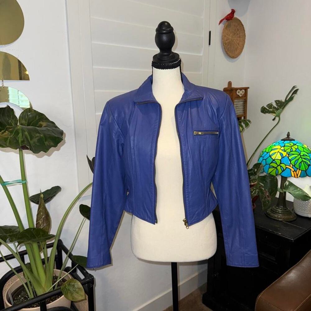Vintage 80s Avon Cobalt Blue Authentic Leather Cropped Moto Jacket Streetwear